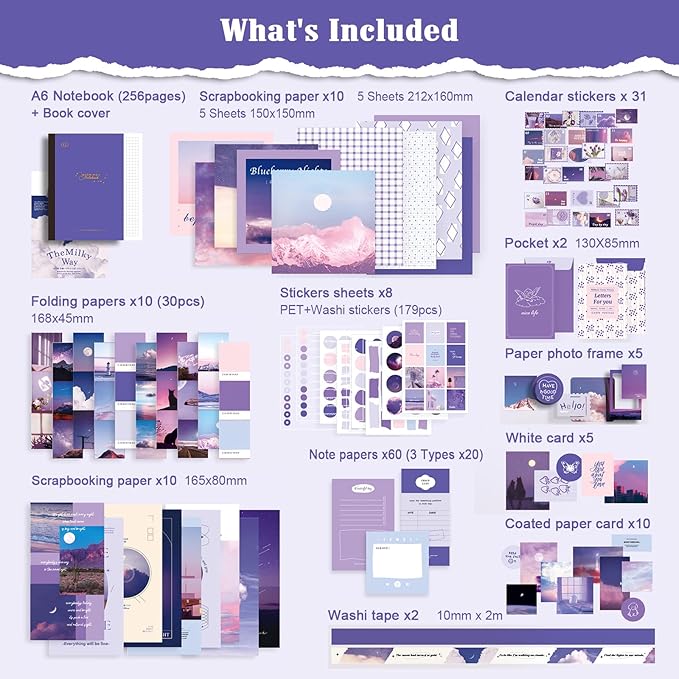 Scrapbooking Supplies Kit, 351pcs Bullet Junk Journal Kit with Journaling Supplies Aesthetic Scrapbook Paper A6 Grid Notebook, Scrapbook Kit, Craft DIY Gift for Adult Teen Girl Kid Women, Moonlight