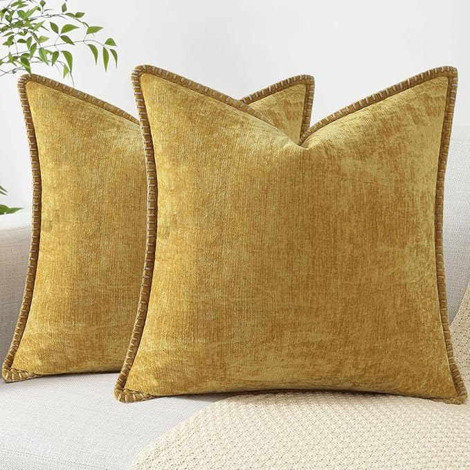decorUhome Spring Chenille Soft Throw Pillow Covers 24x24 Set of 2, Farmhouse Velvet Neutral Decorative Euro Sham Pillow Covers with Stitched Edge for Couch Sofa Bed Home Decor, Mineral Yellow
