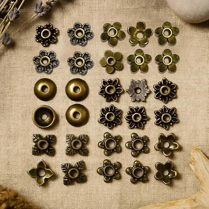 Antique Brass Spacer Bead Caps Set – 600Pcs Mixed Tibetan & Bali Style Beads Caps for Jewelry Making | Fits 8–14mm Beads | Silver, Brass & Copper Metal Bead Caps for Bracelets, Necklaces, Earrings