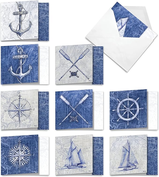 The Best Card Company - 10 All Occasion Blank Cards (4 x 5.12 Inch) - Nautical, Ocean, Sea Life Assortment of Notecards - Nautical World AMQ6671OCB-B1x10