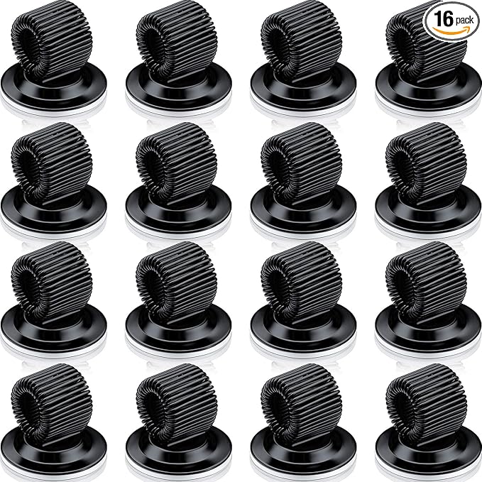 Outus 16 Pcs Black Pen Holder Clips Manganese Steel Pen Holder Self Adhesive Pencil Organizer with Adjustable Spring Loop for Refrigerator Whiteboard Erase Board and Bulletin Board Map