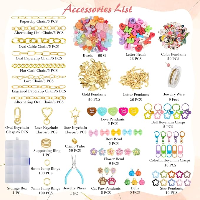 Ecoofor 501 Pcs Keychain Making Kit for Kids & Adults – Includes 30 Keychain Clips, 40 Extender Chains, 178 Charms, Beading Accessories, Jewelry Pliers – DIY Bag Charms & Jewelry Craft Kit Supplies