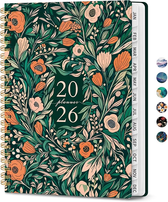 2026 Planner, Monthly and Weekly Calendar Planner for Women, Jan 2026 - Dec 2026, Hardcover Pretty 2026 Agenda Planner Book with Tabs, Spiral Bound, Perfect for School Office Home Supplies, 6.3" x 8.5" - Verdant Bloom