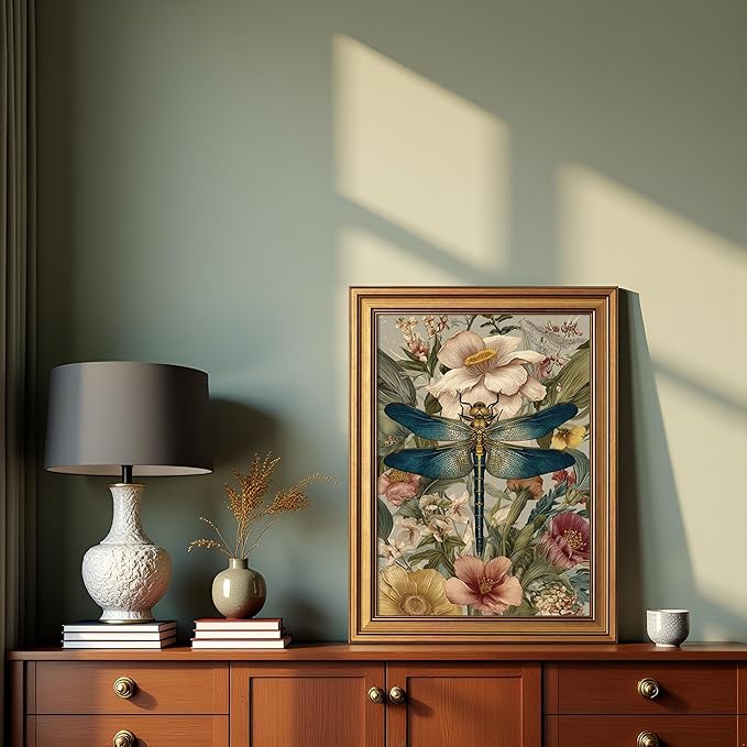 okudolit Gold Framed Dragonfly Canvas Wall Art Print Blue Insect Botanical Floral Painting Vintage Flower Picture Artwork Rustic Retro Nature Decor for Living Room Bedroom Office Home Decor 12x16in