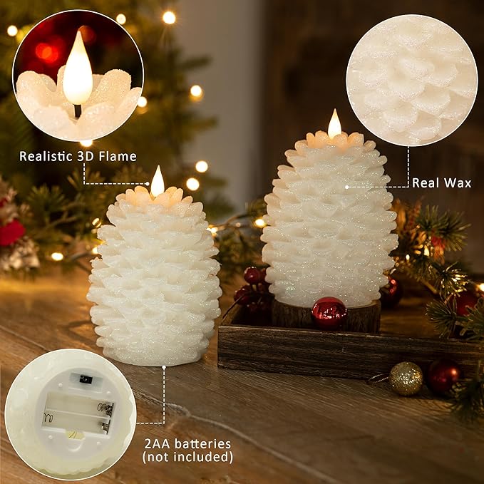 Pinecone Flameless Candles with Remote Timer, 2 Pack Real Wax Battery Operated LED Candles for Christmas Decorations, Rustic Holiday Table Centerpieces, Winter Home Décor White
