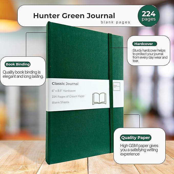 Portage Blank Hardcover Aesthetic Notebook Writing Journal – Bleed-Proof Paper Notepad for Journaling, High GSM, A5 Notebook, Cream Pages - Hunter Green, 6 x 8.5 Inches, 224 Pages