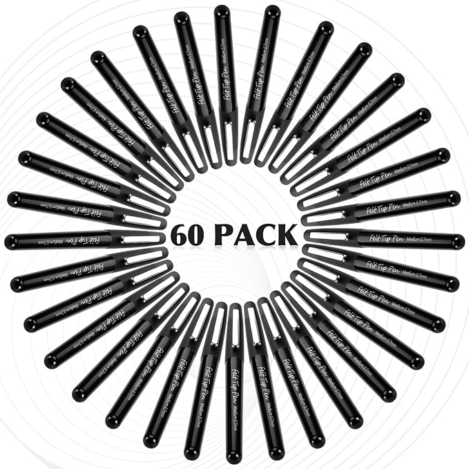 60 Pcs Black Felt Tip Pens 0.7mm Medium Point Pens Bulk, Felt Tip Markers for Journaling, Writing, Note Taking, Planner, Ideal for Office School Art Supplies Gift