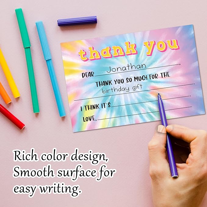 Tie Dye Kids Thank You Cards, Colorful Thank You Card For Baby Shower Birthday Party, Kids Birthday Cards Fill In The Blank, 20 Pack Cute Greeting Cards With Envelopes For Boys And Girls, 011