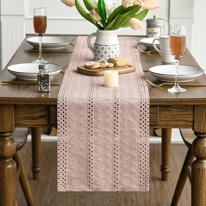 Artoid Mode Pink Farmhouse Woven Rustic Hollow Table Runner, Seasonal Holiday Hollow Kitchen Dining Table Decoration for Home Party Decor 12x120 Inch