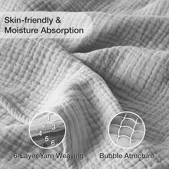 100% Cotton Muslin Blanket 50" x 60", Breathable and Lightweight Cotton Throw Blankets for Couch, Soft Cooling Summer Gauze Blanket for Adults All Season, Light Grey