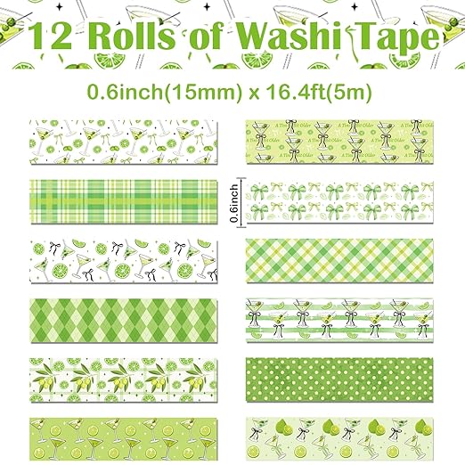 12 Rolls Greenery Washi Tape, Martini Bow Lemon Masking Tape, Checkered Martini Glass Decorative Sticker for Christmas Party Afternoon Tea Scrapbook Journal DIY Craft Gift Wraps 16.4FT