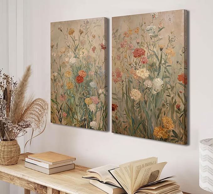 Wildflower Canvas Wall Art Rustic Farmhouse Floral Poster Prints Vintage Botanical Flower Picture Painting Artwork Wall Decor for Living Room Bedroom Office 16x24in Framed