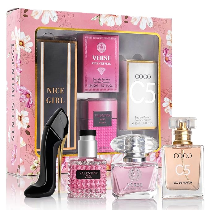 Essential 4 PC Mini Perfume Set, Birthday Gift Set for Women, Eau De Parfum 30ml Each, Vanilla Perfume & Floral Fragrance, Long-Lasting Travel Size, C5, Verse Pink Crystal, Nice Girl & Valentine