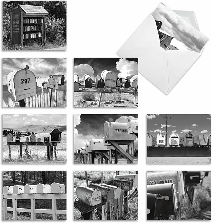 The Best Card Company - 10 Blank Note Cards with Envelopes (4 x 5.12 Inch) - Black & White Photos, Bulk Boxed Set - In the Mail M9681OCB