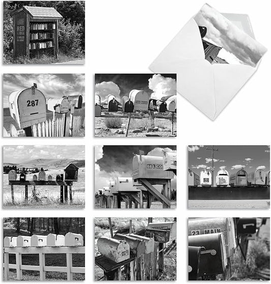 The Best Card Company - 10 Blank Note Cards with Envelopes (4 x 5.12 Inch) - Black & White Photos, Bulk Boxed Set - In the Mail M9681OCB