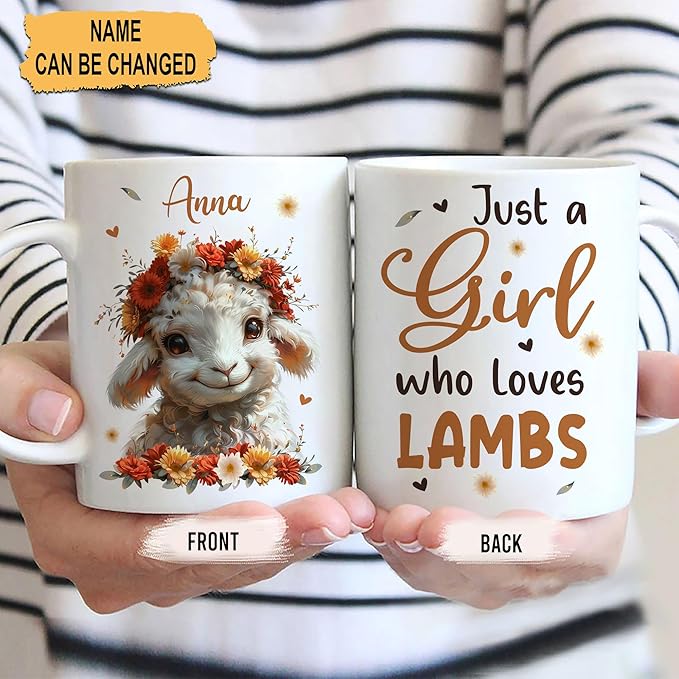 Hyturtle Personalized Cute Lamb Coffee Mug - Gift For Lamb Lover - Just A Girl Who Loves Lambs - Lamb Gift For Women - Animal Lover Gift - Birthday - Custom Name Coffee Cup Ceramic Mug 11oz - 15oz