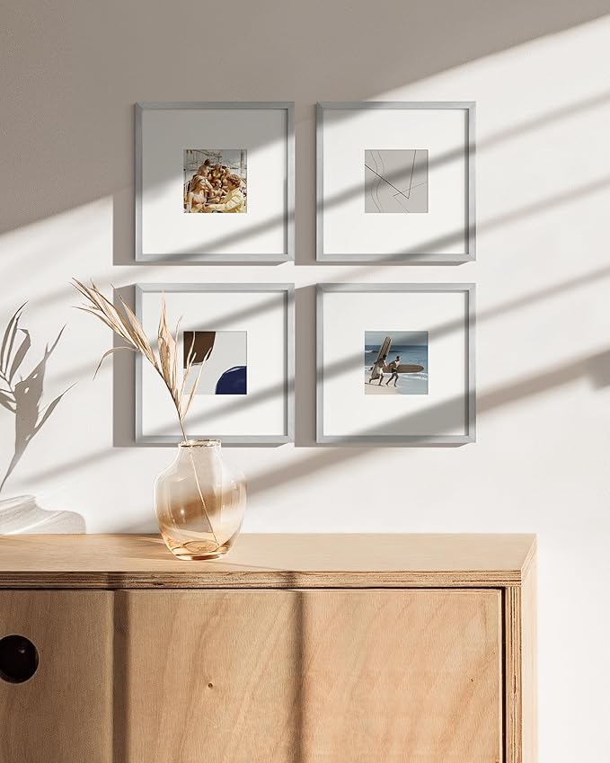 HAUS AND HUES 8x8 Silver Metal Picture Frames Matted to 4x4 - Premium Aluminum with Hanging Hardware, Shatterproof Plexiglass - Ideal for Home or Office (8x8 in, Silver, Set of 4)