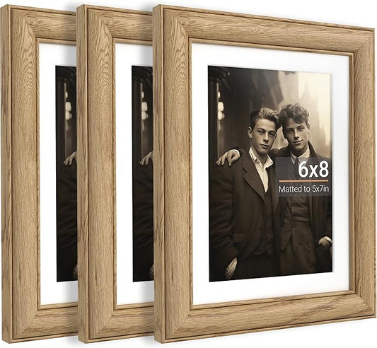 Heimlove 6x8 Picture Frame,6 x 8 Solid White Oak Photo Frame with Tempered Glass,6"x8" Handcrafted Wood Frame Matted to 5x7 Photos for Wall or Tabletop Family picture Display,3 Pack