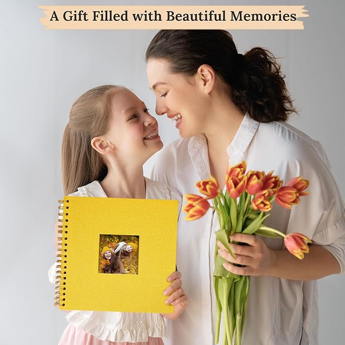 Scrapbook Photo Album Linen Cover, 12 x 12 Inch Hardcover Kraft White Pages Memory Book, for Travel Wedding Guest Book Christmas Baby Shower (40 Sheets/ 80 Pages,Yellow)