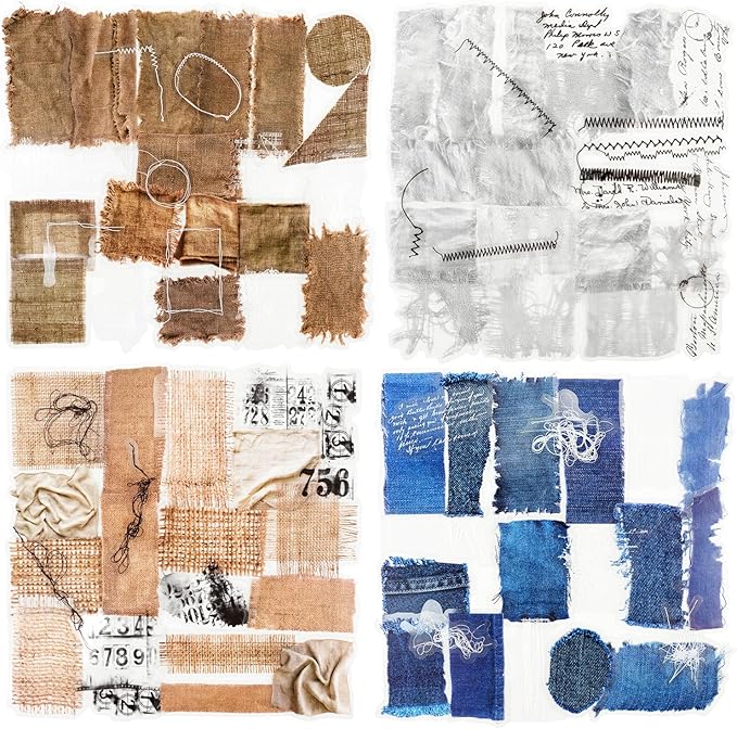 Sewing Time Fabric Patch PET Stickers Set, 120PCS Retro Cloth & Denim Pieces - Waterproof Self-Adhesive Scrapbook Junk Journal Collage Embellishments
