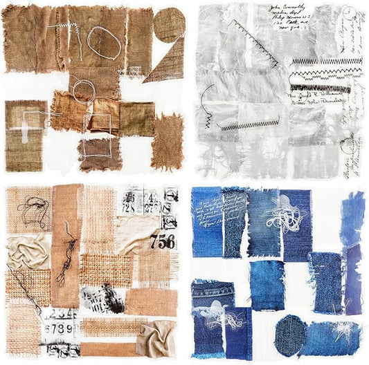Sewing Time Fabric Patch PET Stickers Set, 120PCS Retro Cloth & Denim Pieces - Waterproof Self-Adhesive Scrapbook Junk Journal Collage Embellishments