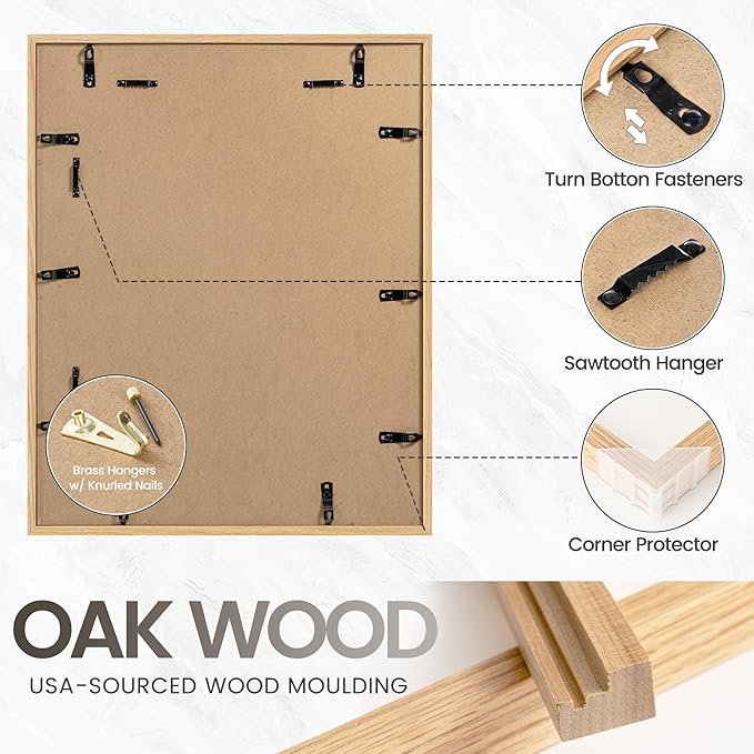11x14 Picture Frame Set of 3, USA-Sourced Natural Oak Wood Photo Collage Frame with HD Tempered Glass, Modern Simple 11 x 14 Wooden Frame Matted to 8x10, Vertical & Horizontal Wall Hanging Display