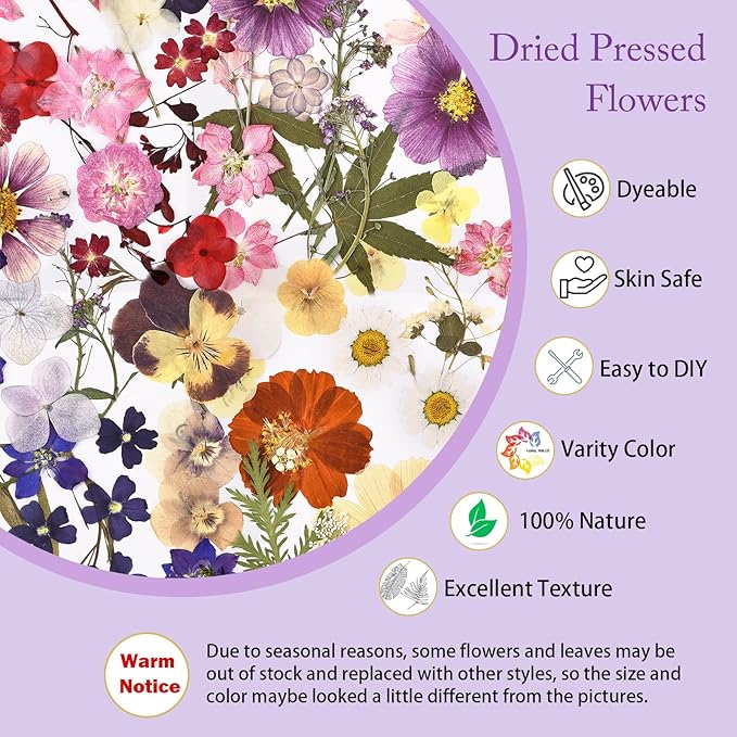 DALARAN 75Pcs Purple Dried Flowers for Resin Molds Real Pressed Flowers Dry Leaves Kit for Art Crafts Resin Jewelry Making Scrapbook Supplies Card Making Soap Candle DIY