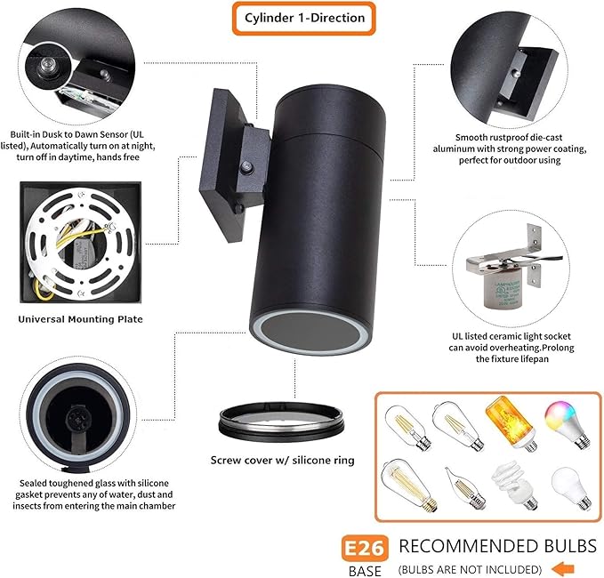 Dusk to Dawn Outdoor Lighting, Exterior Lights -ETL Listed, Aluminum Anti-Rust Waterproof Wall Mount Cylinder Design, 1-Direction Up or Down Light Fixture for Porch,Patio or Garage (3 Pack)