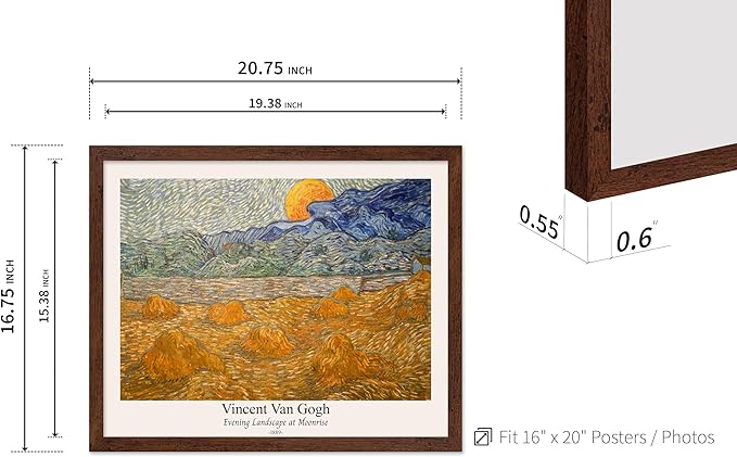 Monem Art Vintage Van Gogh Poster - Retro Evening Landscape at Moonrise Print - Impressionism Art - Fine Art - Classic Painting Art - Aesthetic Living Room Wall Decor - 16x20 Brown Framed