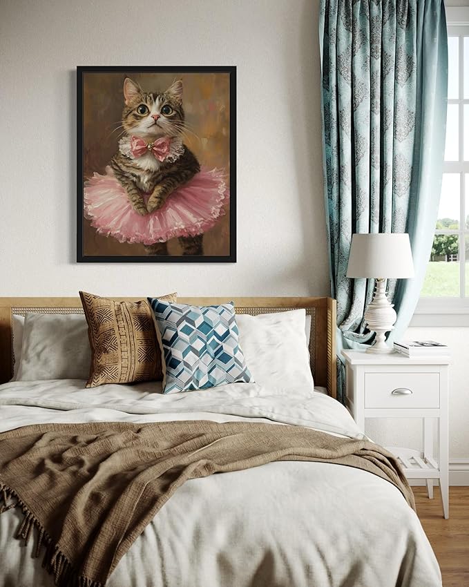 Ballerina Cat Art Poster Print, Cat Kitten Painting Humor Portrait Pet Artwork Decor Gallery A8 (Ballerina, 16 x 20 inches, Black Frame)