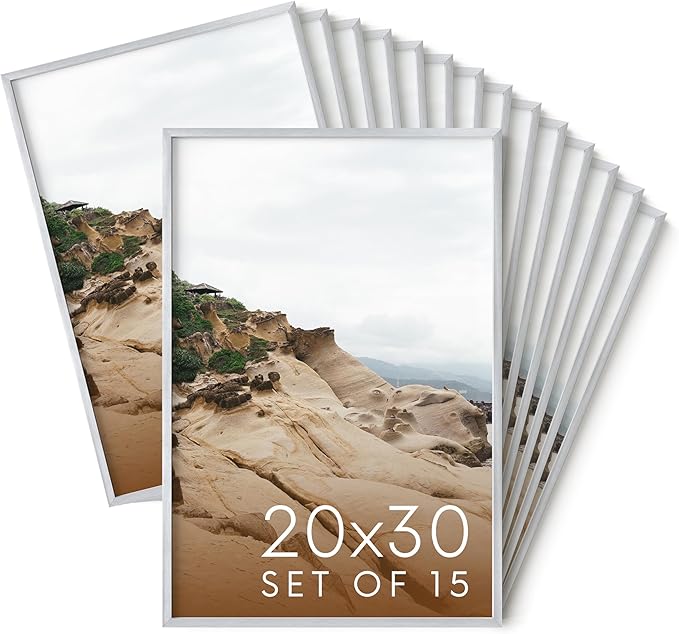 HAUS AND HUES 20x30 Silver Metal Picture Frames - Features Premium Aluminum, Vertical & Horizontal Hang, Shatterproof Plexiglass - Perfect for Home, Room, Office (20x30 in, Silver, Set of 15)