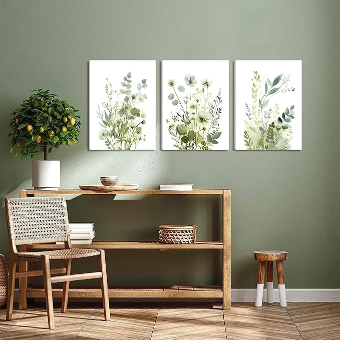 Boho Floral Canvas Wall Art Set of 3, Sage Green Wildflower Botanical Wall Decor Painting, Minimalist Watercolor Flowers Posters Prints for Bedroom Bathroom Living Room 12x16 In Framed