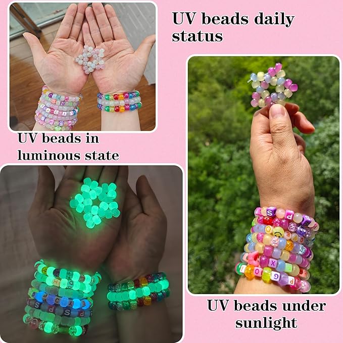 SJZWSD 5 Boxes Bracelet Making Kit Pony Beads, 6x9mm Kandi Rave & Hair Beads Set with UV Color Changing, Glow-in-Dark, Chrome & Alphabet Letters for Friendship Jewelry DIY Crafts