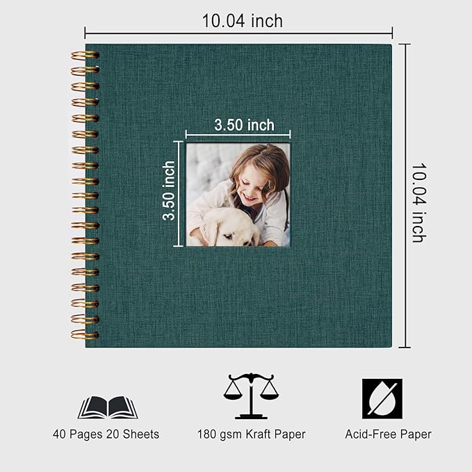 10 x 10 Inch Scrapbook Photo Album, DIY Memory Book Linen Cover for Photos, Hardcover Kraft White Pages Scrap Book Photo Albums for Travel, Wedding Anniversary Family Christmas Baby 40 Pages, Green