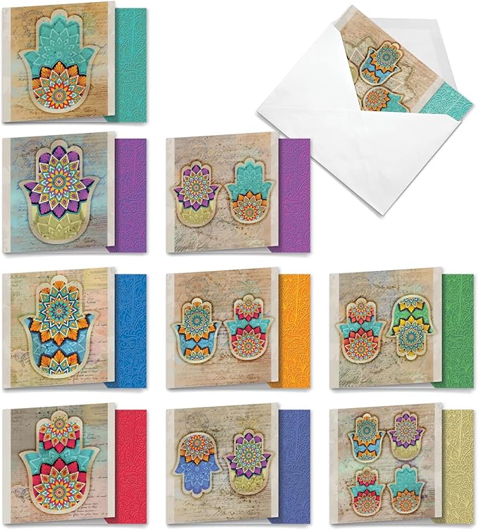 The Best Card Company - 10 Blank Note Cards Assortment for Men and Women (4 x 5.12 Inch) - Zen Patterns and Symbols, Bulk Boxed Set - Hamsa MQ5204OCB-B1x10