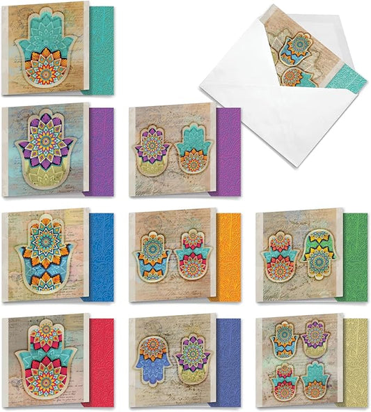 The Best Card Company - 10 Blank Note Cards Assortment for Men and Women (4 x 5.12 Inch) - Zen Patterns and Symbols, Bulk Boxed Set - Hamsa MQ5204OCB-B1x10