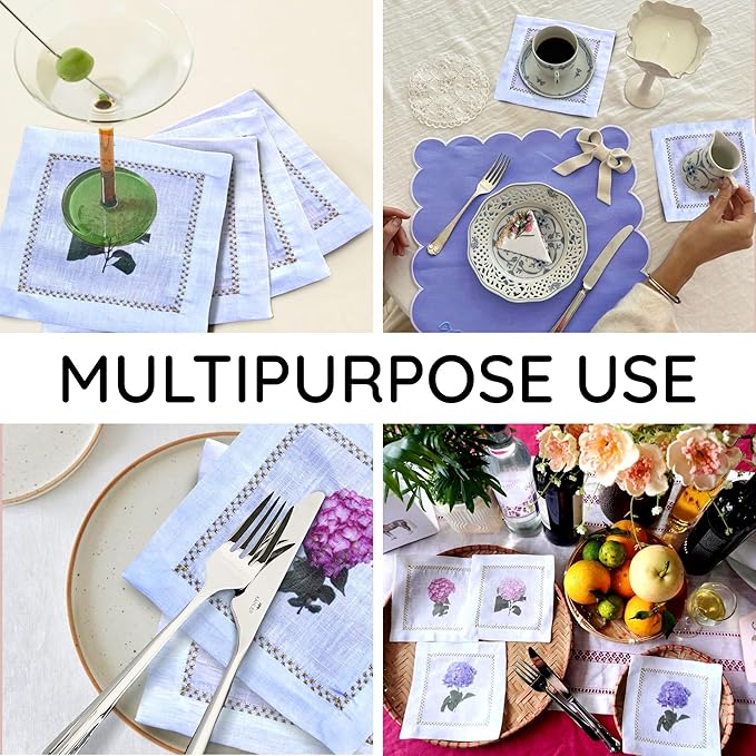 Cocktail Napkins Set of 6, 6x6 inch, 100% Linen, Printed Floral Design, Reusable & Washable Napkin Coasters for Beverages, Parties, Weddings & Everyday Use (Hydrangea)