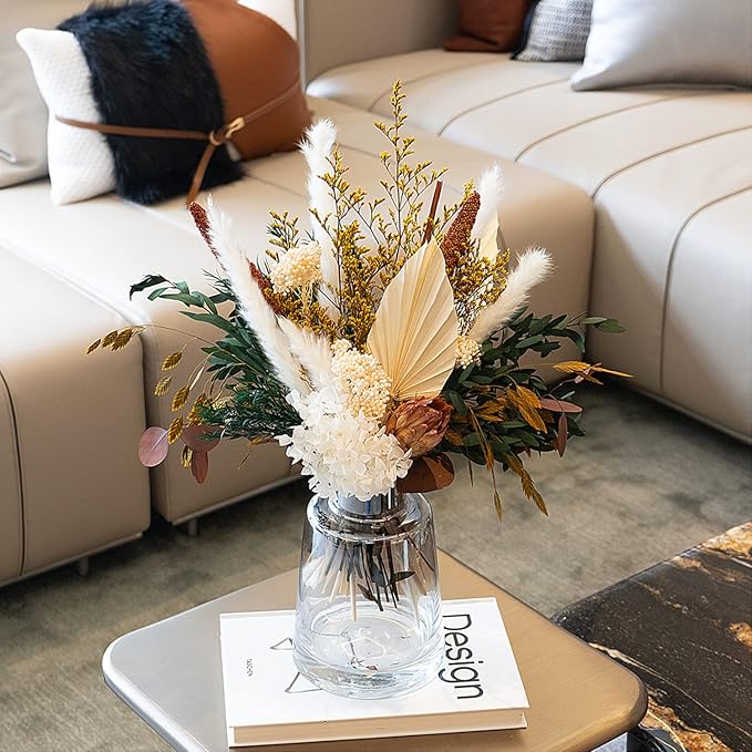 Natural Dried Flower Bouquet - Pampas Grass Decor, Fall Floral Arrangements with Eucalyptus, Plams, Hydrangea, Rustic Bouquet for Vase, Boho Table Centerpiece, Bohemia Home Wedding Decoration