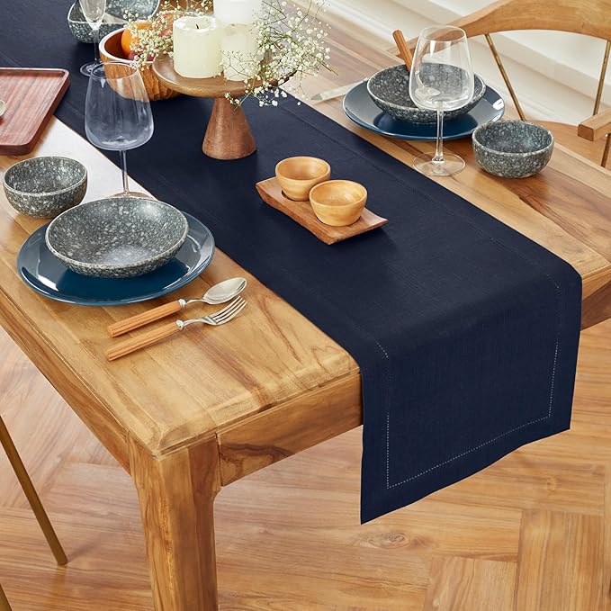 Solino Home Linen Navy Blue Table Runner 36 Inches - Medium Weight Hemstitch, 100% Pure Linen Coffee Table Runner 14 x 36 Inch Ideal for Dresser Tables - Winter