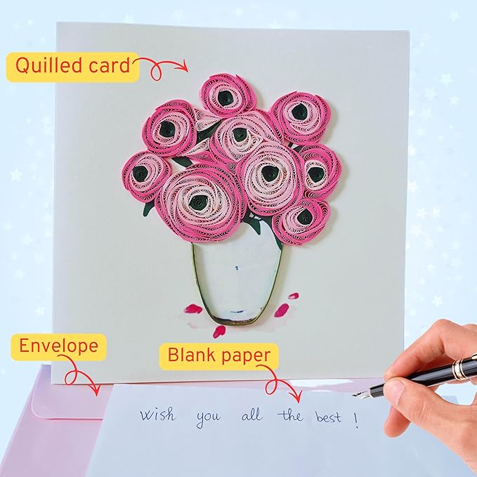 Quilling Cards, handmade card, quilled cards with Dedicated Paper Handmade Art for all occasions: Mother's day, Father's day, Birthday... Roses flowers