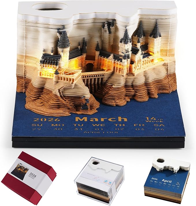 3D Time Piece Calendar 2026, Art Calendar Memo Pad 2026 Mini Desk Magic Castle with Lights, 3D Sticky Note Desktop Tear Off Gift for Christmas Office Decoration