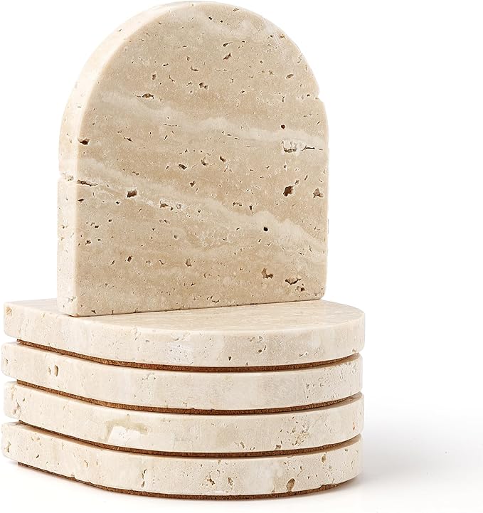WORHE Marble Coaster for Drinks Set of 5 Natural Travertine Coasters for Home Decor Coffee Table, Modern Style Stone Cup Mat for Housewarming Party Hotel Bar Christmas Anniversary Present Beige(DL020)