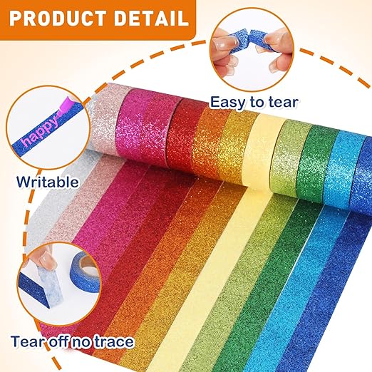AEBORN Glitter Washi Tape Set, Colored Decorative Masking Tapes for Bullet Journal, Kids DIY Crafts, Planner, Scrapbook, Gift Packaging (Glitter-12jz)