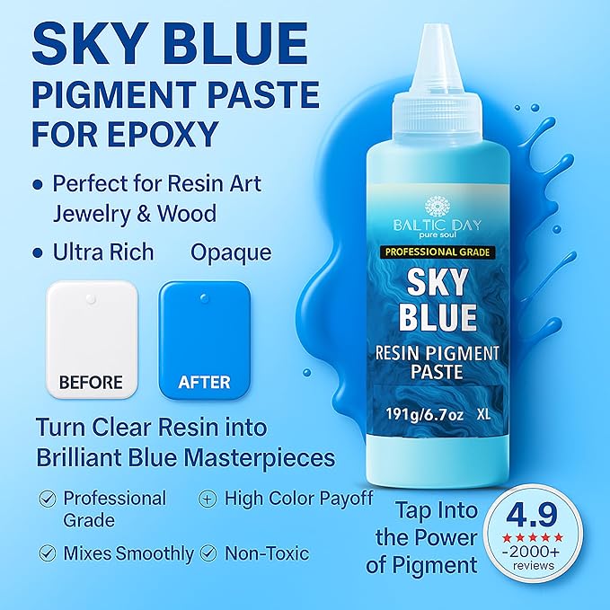 BALTIC DAY Sky Blue Epoxy Resin Pigment Paste XL (191g/6.7oz) – Opaque Epoxy Dye & High Concentration Coloring Paste, Mica Powder Alternative for Resin Art, Jewelry, Tumblers, River Tables & Crafts