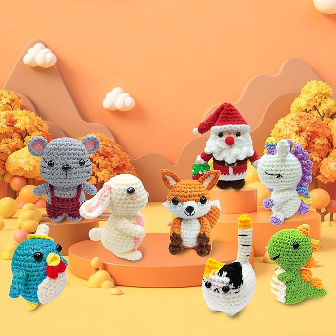 HUASHILUO 8Pcs Crochet Kit for Beginners, 2026 DIY Craft for Adults and Kids, Great Christmas Gift for Crochet Lovers, Crocheting Animal Kits with Step by Step Videos,Yarn,Crochet Hook (Grey)