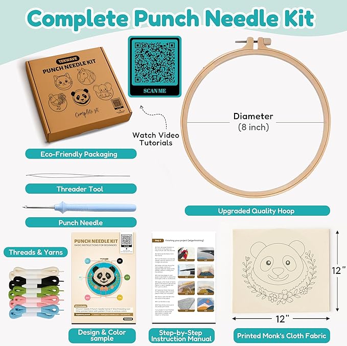 TEKWAVE Punch Needle Kit for Adults Beginners Cute Panda Design, Step-by-Step Video Pre-Printed Pattern and Written Instructions, DIY Embroidery Set with Yarn, Fabric, Hoop for Home Decor Crafts