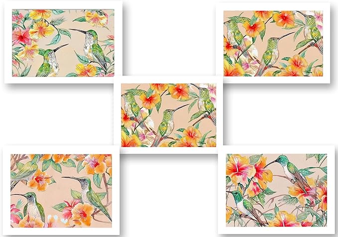 Watercolor Hummingbird Greeting Cards, 5x7 Blank Note Cards with Envelopes, Set of 10, Floral All Occasion Cards