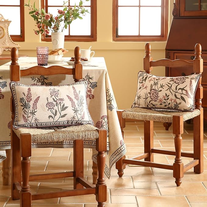 ISAENNE Design Linen Vintage Lumbar Square Round Throw Pillow Covers Set of 4, French Country Cushion Covers with Pink Blue Floral Pattern Decoration Pillowcases for Bed,Living Room,Outdoor,Car