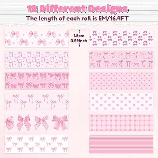 12pcs Coquette Pink Washi Tape, Trendy Watercolor Pink Bow Cherry Preppy Aesthetic Decorative Tape, Cute Bowknot Heart Buffalo Plaid Artistic Tape for DIY Craft Scrapbook Wrapping Decor