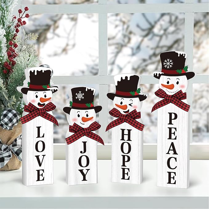 Christmas Snowman Decorations, Wooden Snowman Joy Table Centerpiece Sign, Winter Tiered Tray Decor for Xmas Holiday Home Decor (Snowman)
